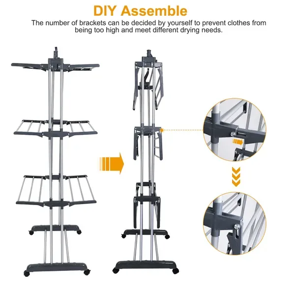 Clothes Drying Rack Rolling Collapsible Laundry Dryer Hanger Stand Rail Shelve Wardrobe Clothing Drying Racks view 2