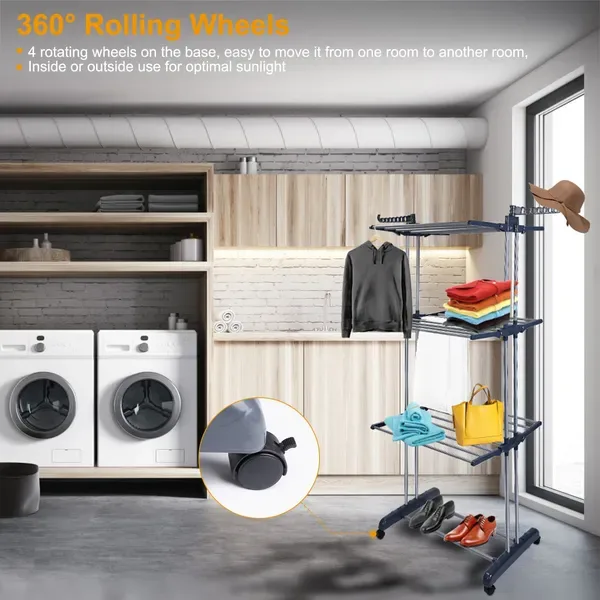 Clothes Drying Rack Rolling Collapsible Laundry Dryer Hanger Stand Rail Shelve Wardrobe Clothing Drying Racks view 4