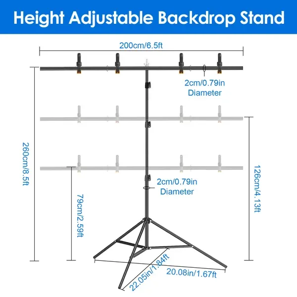 6.5×8.5FT T-Shape Photo Video Backdrop Stand Heavy Duty Background Stand Adjustable Photography Backdrop Stand With 6 Spring Clamps Sandbag Carry Bag For Studio Party Wedding view 3