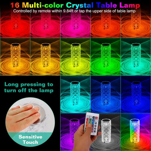 Crystal Diamond Rose Table Lamp Dimmable Remote Touch Control Night Light view 2