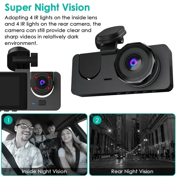 3 Channel Dash Cam Front Inside Rear Vehicle Driving Recorder Car DVR With 32G MMC Card G Sensor Motion Detection Parking Monitor Night Vision Loop Recording view 4