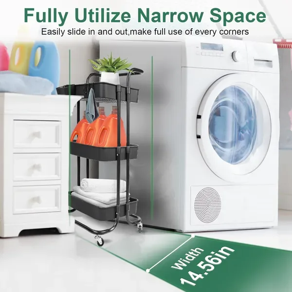 3 Tier Rolling Utility Cart Movable Storage Organizer With Mesh Baskets Lockable Wheels 360 Degree Rotatable Hanging Box Hooks Bedroom view 3