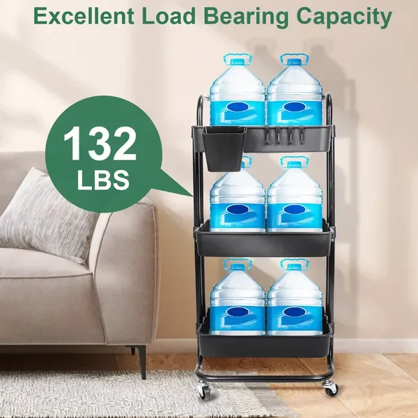 3 Tier Rolling Utility Cart Movable Storage Organizer With Mesh Baskets Lockable Wheels 360 Degree Rotatable Hanging Box Hooks Bedroom view 2