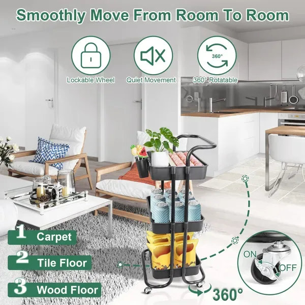 3 Tier Rolling Utility Cart Movable Storage Organizer With Mesh Baskets Lockable Wheels 360 Degree Rotatable Hanging Box Hooks Bedroom view 4
