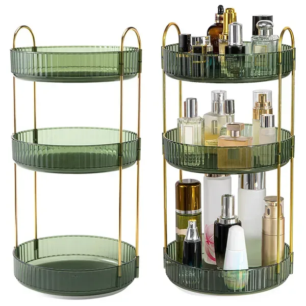 3 Tier Rotating Makeup Organizer 360° Spinning Perfume Cosmetic Storage Tray 55LBS Load Countertop Shelves For Lotion Lipstick view 2
