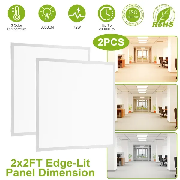 2Pcs 72W 2×2FT LED Panel Light 3800LM Flat Ceiling Light With 3 Lighting Color Temperature Equivalent LED Troffer Recessed Edge-Lit Switchable CCT 110V-260V GPCT1664