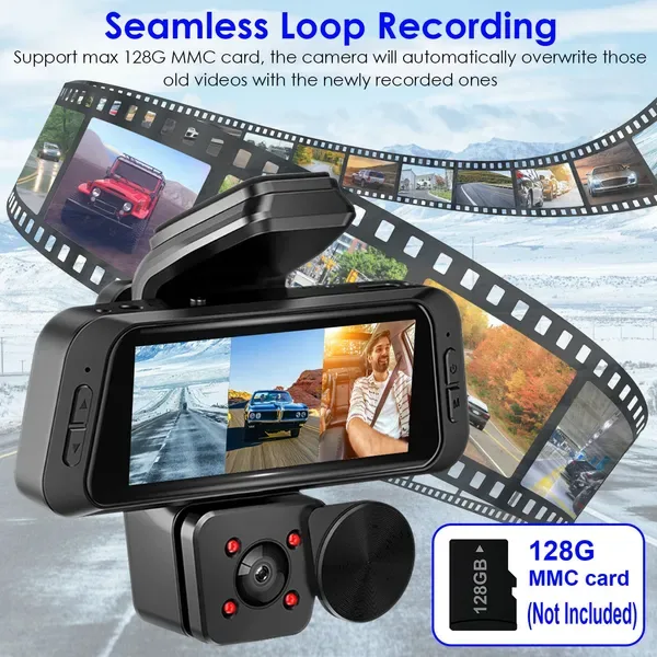 1080P FUD 3 Channel WiFi Dash Cam 170° Wide Angle Triple Car Camera With IR Night G-Sensor Motion Detection Loop Recording App Control Support 128G Max view 3