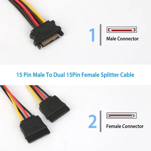 15 Pin Y Splitter Cable Adapter Male To Female Converter Cord For Hard Drive view 2