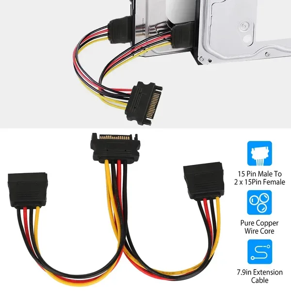15 Pin Y Splitter Cable Adapter Male To Female Converter Cord For Hard Drive