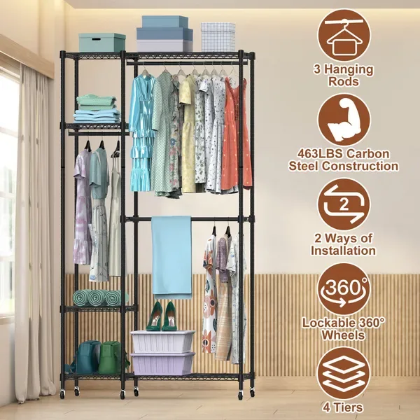 4 Tier Heavy Duty Garment Rack With Wheels Carbon Steel Clothing Rack Portable Wardrobe Clothes Rack With 3 Hanging Rods 6 Footrests view 3