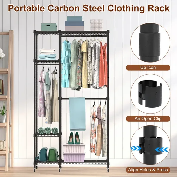 4 Tier Heavy Duty Garment Rack With Wheels Carbon Steel Clothing Rack Portable Wardrobe Clothes Rack With 3 Hanging Rods 6 Footrests view 2