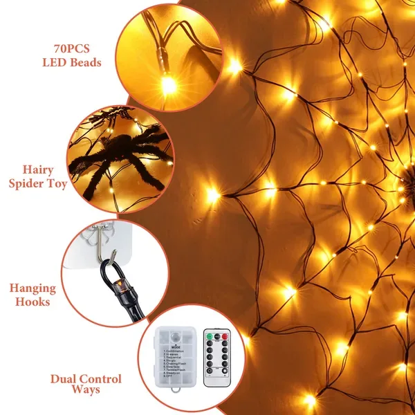 1 Pc 3.28FT Spider Web Light With Hairy Spider 70LED Battery Powered Remote Control 8 Lighting Modes Glowing Outdoor Indoor Wall Halloween view 3