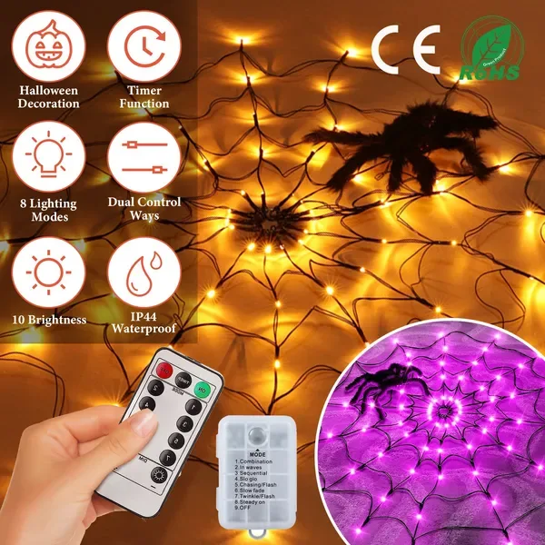 1 Pc 3.28FT Spider Web Light With Hairy Spider 70LED Battery Powered Remote Control 8 Lighting Modes Glowing Outdoor Indoor Wall Halloween