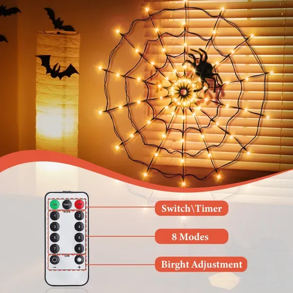 1 Pc 3.28FT Spider Web Light With Hairy Spider 70LED Battery Powered Remote Control 8 Lighting Modes Glowing Outdoor Indoor Wall Halloween view 4