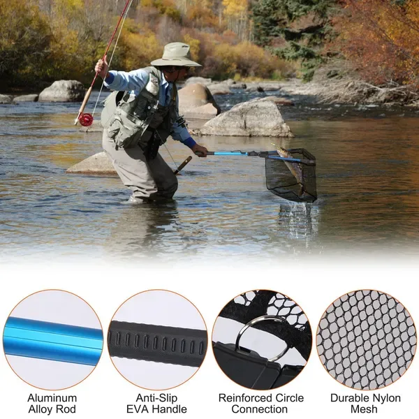 Foldable Fishing Net With Aluminum Alloy Rod EVA Handle Durable 5MM Hexagonal Nano Coating Nylon Mesh Collapsible Landing Net Safe Fish Catching Or Releasing view 3