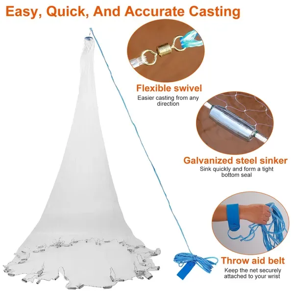 Fishing Cast Net Bait Trap Easy Throw Heavy Duty Hand Cast Net With Chain Sinker Bottom Spread view 2