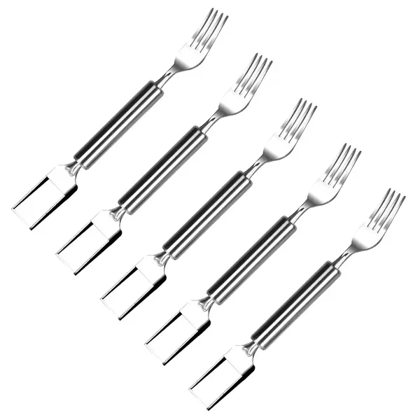 5Pcs 2 In 1 Watermelon Cutter Slicer Fork Stainless Steel Dual Head Watermelon Fruit Cutting Fork Knife For Summer Family Gathering Friend Party Camping Picnic Home Kitchen