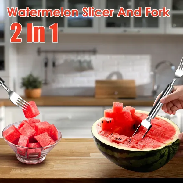 5 Pcs 2 In 1 Watermelon Cutter Slicer Fork Stainless Steel Dual Head Watermelon Fruit Cutting Fork Knife For Summer Family Gathering Friend view 4