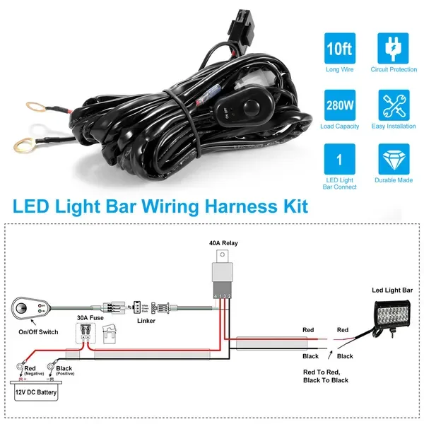 LED Light Bar Wiring Harness Kit 280W 12V 40A Power Relay Fuse On Off Switch 10ft Length Universal Fitment Light Bar Accessories view 4