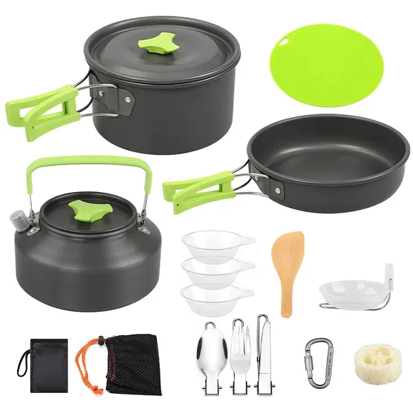 Set Of 16 Pcs Camping Cooking Ware Camping Stove Cookware Kit Aluminum Kettle With Bowls Knife Fork Spoon Carabiner Spatula Cutting Board view 2