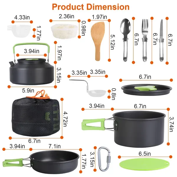 Set Of 16 Pcs Camping Cooking Ware Camping Stove Cookware Kit Aluminum Kettle With Bowls Knife Fork Spoon Carabiner Spatula Cutting Board view 3