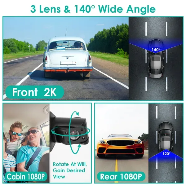 2K Car DVR 3 Channel Dash Cam Camcorder Camera Recorder With 140 Angle GPS Wi Fi Night Vision G-sensor Loop Recording Parking Monitor view 3