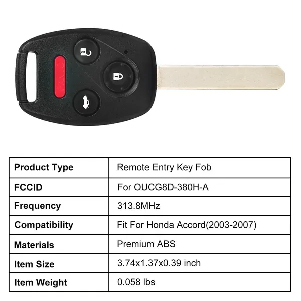 Fit For Honda Accord 2003-2007 Remote Keyless Entry Shell Button Car Key Fob Uncut Key Cover Case OUCG8D-380H-A FCCID 313.8MHz Frequency view 3