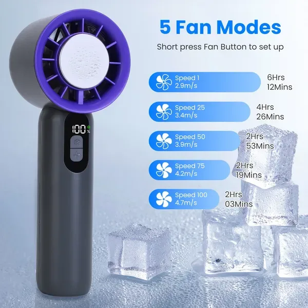 100 Speed Handheld Fan With Ice Cooler High Speed Turbo Fan 3000mAh Rechargeable Hand Fan With LCD Display For Travel Camping Beach Outdoor view 2