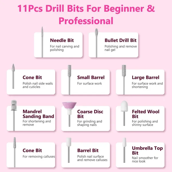 Portable Electric Nail Drill Bit 45000 RPM With 11 Bits Base Waist Clip Cordless Rechargeable Nail File Machine For Professional Salon Home view 2