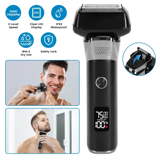 Electric Foil Face Shaver 5-Blade Electric Razor For Men Wet & Dry Jawline Beard Trimmer Precision Sideburn Shavers IPX6 Waterproof With LED Display Cleaning Brushes GPCT5466 view 2