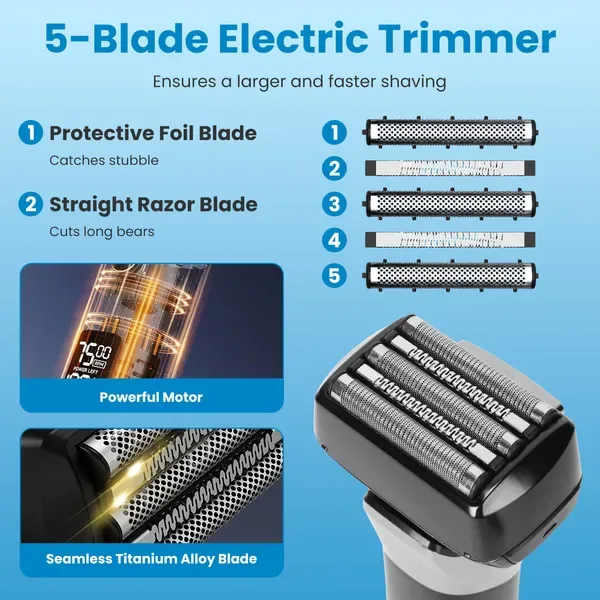 Electric Foil Face Shaver 5-Blade Electric Razor For Men Wet & Dry Jawline Beard Trimmer Precision Sideburn Shavers IPX6 Waterproof With LED Display Cleaning Brushes GPCT5466 view 3