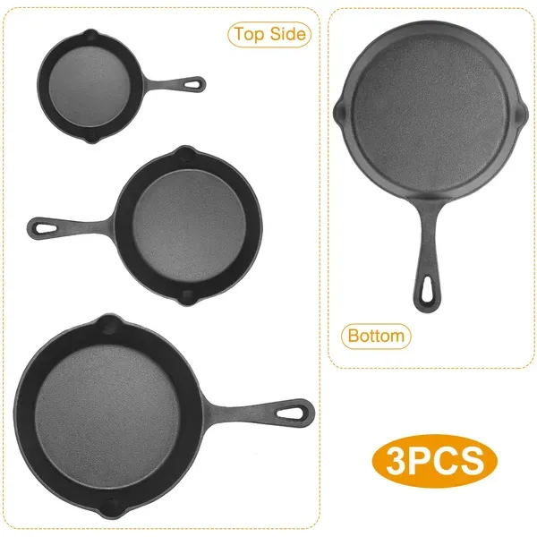 3 Pcs Pre-Seasoned Cast Iron Skillet Set 6/8/10in Non-Stick Oven Safe Cookware Heat-Resistant Frying Pan view 2