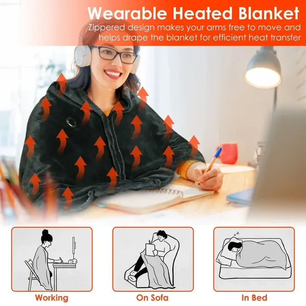USB Heated Blanket Electric Heated Blanket Heated Poncho Shawl Wrap Throw With Zipper Washable For Home Office 59*31in view 2