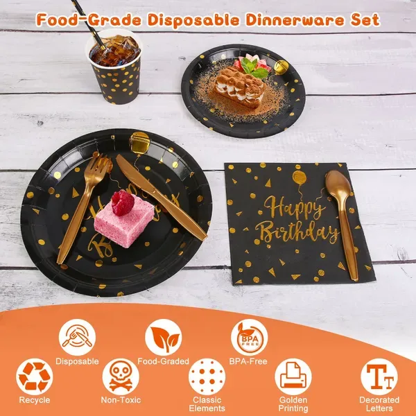 201PCS Black Gold Birthday Party Supplies For 25 Guests Happy Birthday Disposable Dinnerware Set Paper Plates 9OZ Cups Straws Napkins Forks view 2