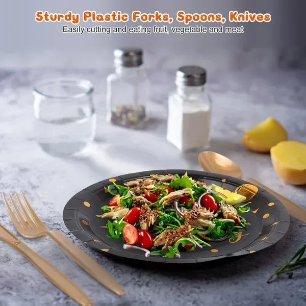 201PCS Black Gold Birthday Party Supplies For 25 Guests Happy Birthday Disposable Dinnerware Set Paper Plates 9OZ Cups Straws Napkins Forks view 4