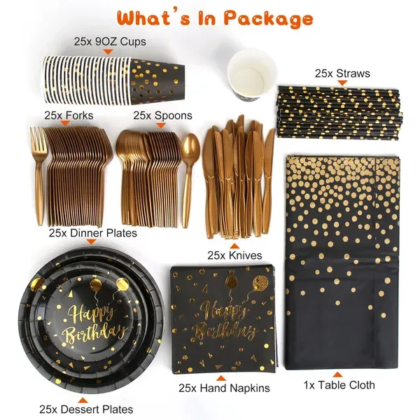 201PCS Black Gold Birthday Party Supplies For 25 Guests Happy Birthday Disposable Dinnerware Set Paper Plates 9OZ Cups Straws Napkins Forks view 3