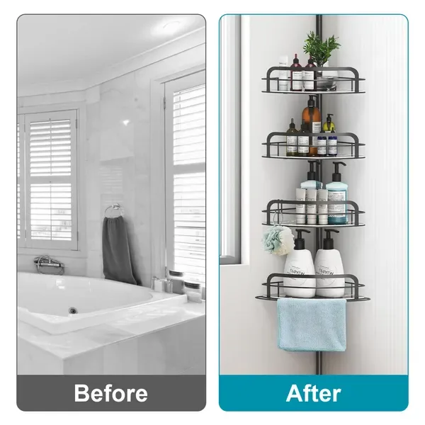Rust-Resistant Corner Shower Caddy For Bathroom 4 Height Adjustable Shelves With Tension Pole Towel Bar Hanging Hook Floor Standing Bath view 3
