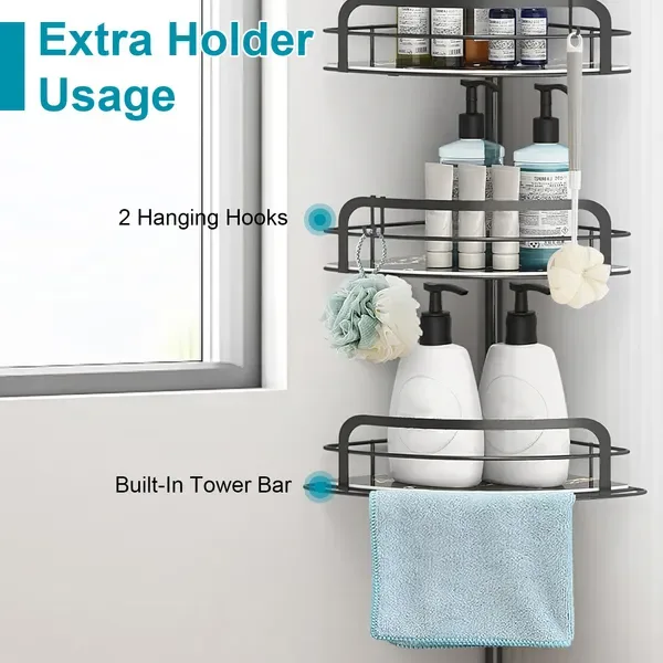 Rust-Resistant Corner Shower Caddy For Bathroom 4 Height Adjustable Shelves With Tension Pole Towel Bar Hanging Hook Floor Standing Bath view 4