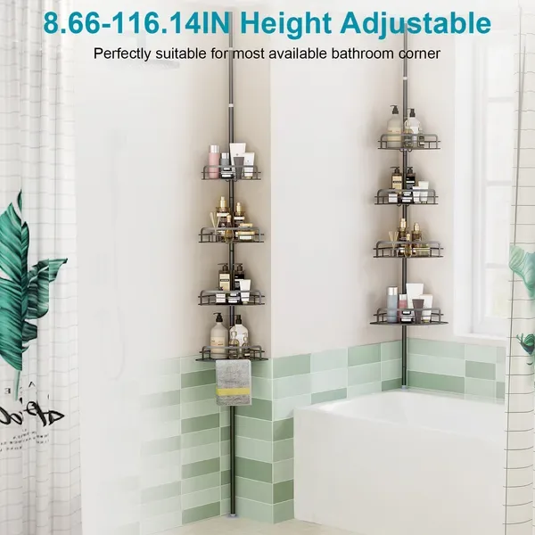 Rust-Resistant Corner Shower Caddy For Bathroom 4 Height Adjustable Shelves With Tension Pole Towel Bar Hanging Hook Floor Standing Bath view 2