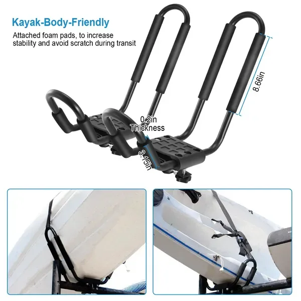 1 Pair Universal J-Bar Kayak Carrier 220LBS Load Heavy Duty Canoe Car Top Mount Carrier Roof Rack With 2 Pcs Tie Down Straps view 4