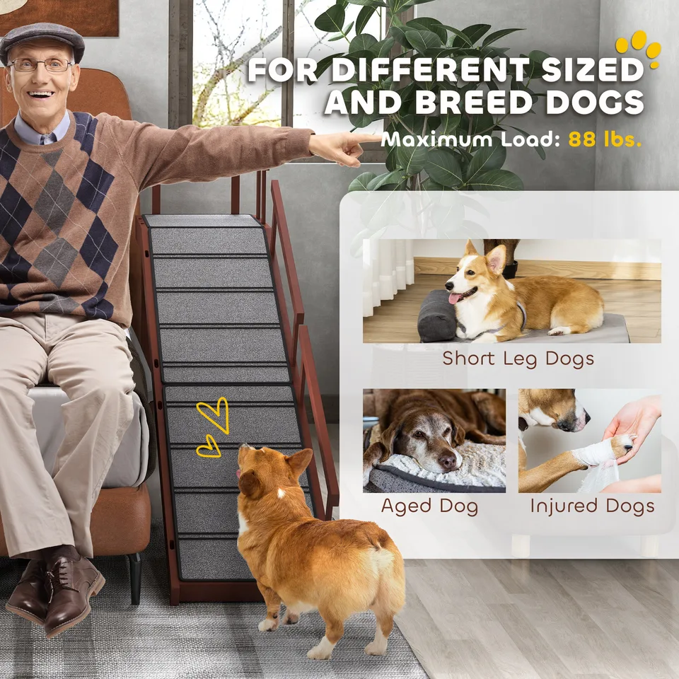 Wooden Dog Ramp with Removable Guardrails, Non-Slip Surface, 70.5" Long, Brown view 2