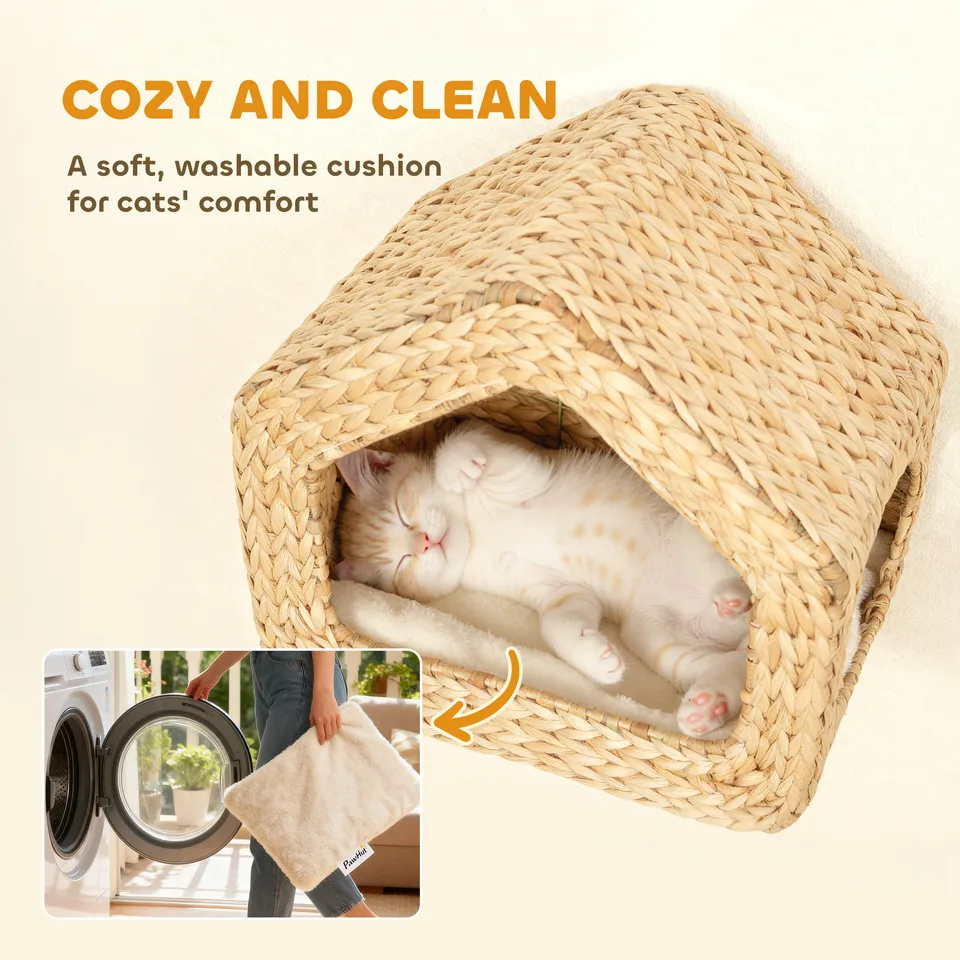 Wall Mounted Cat House, Cat Wall Furniture, Cat Wall Shelf with Washable Cushion, Natural view 4