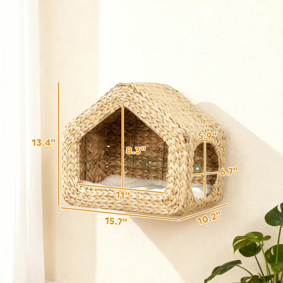 Wall Mounted Cat House, Cat Wall Furniture, Cat Wall Shelf with Washable Cushion, Natural view 2
