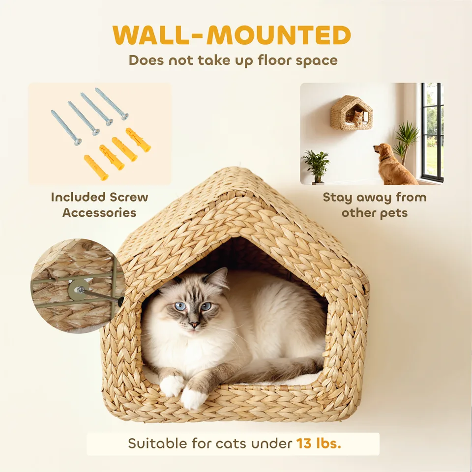 Wall Mounted Cat House, Cat Wall Furniture, Cat Wall Shelf with Washable Cushion, Natural view 3