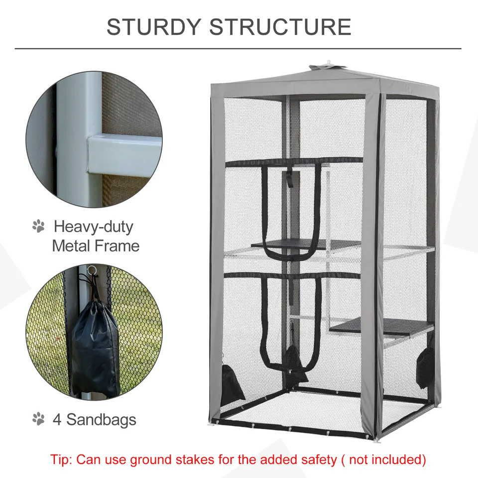 79"H Cat House Kitten Enclosure Mesh Playpen Steel Frame with 3 Platforms, 2 Doors and 4 Sandbags for Stability, Indoor/Outdoor view 3