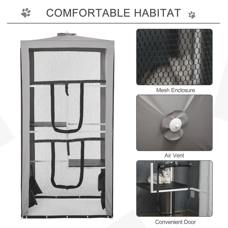 79"H Cat House Kitten Enclosure Mesh Playpen Steel Frame with 3 Platforms, 2 Doors and 4 Sandbags for Stability, Indoor/Outdoor view 2
