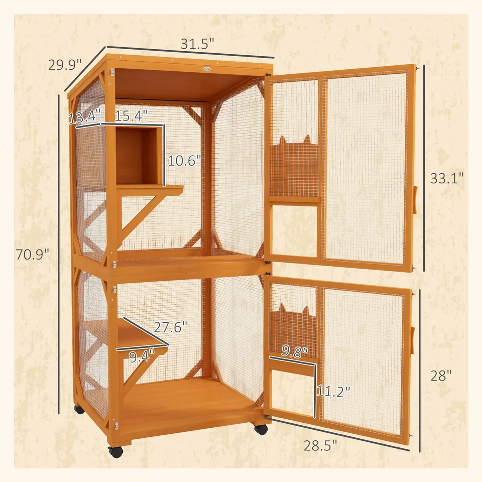 Large Cat House for 1-3 Cats on Wheels Wooden Catio Enclosure Orange view 3