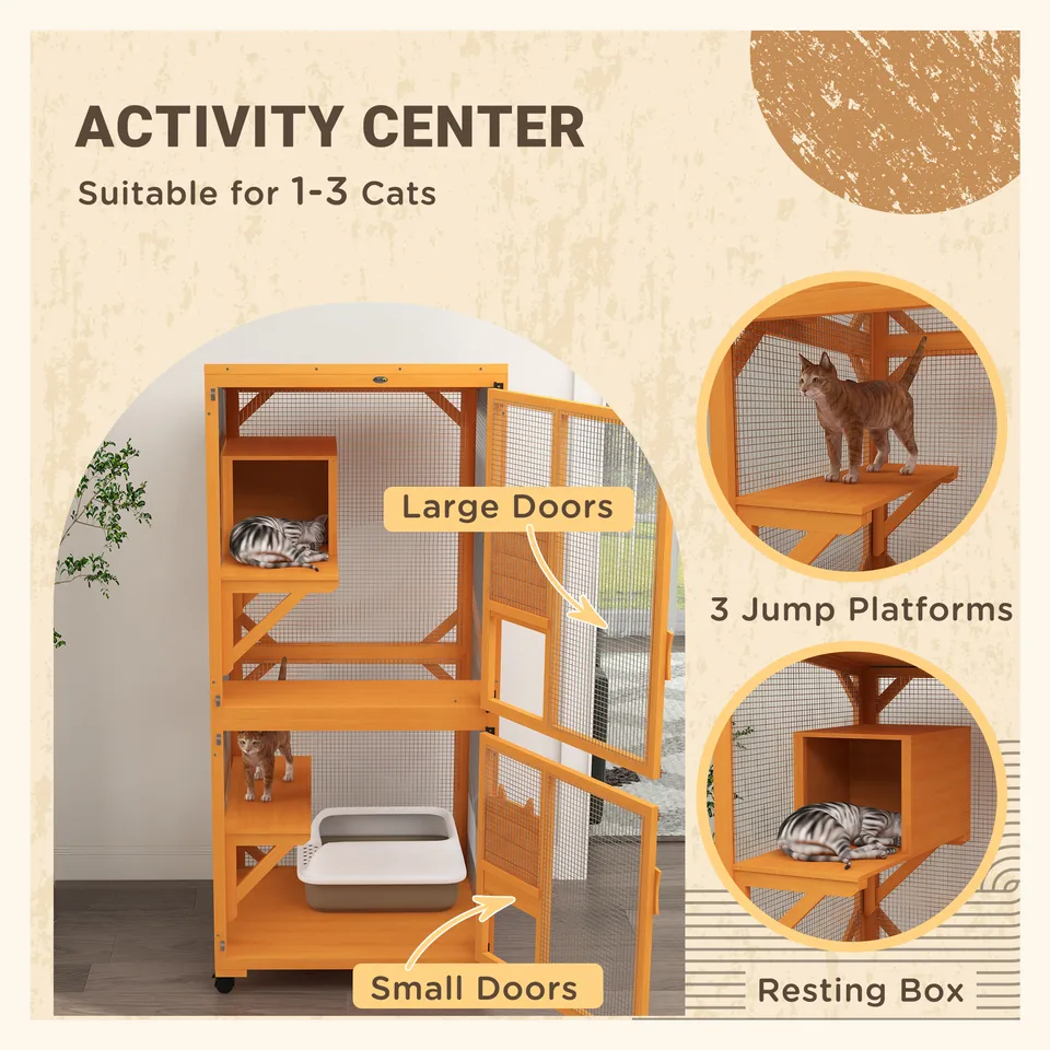 Large Cat House for 1-3 Cats on Wheels Wooden Catio Enclosure Orange view 2