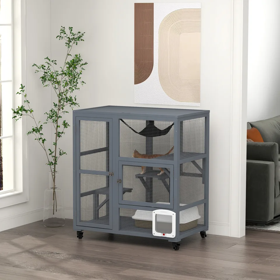 Cat House, Indoor Cat Enclosure on Wheels with Openable Top, 39"