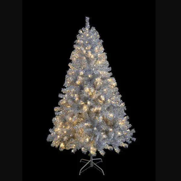 6FT Sliver Pre-Lit Artificial Christmas Tree, Hinged Full Tree With Metal Stand, 800 Branch Tips, 300 LED Lights,11 Lighting Modes, Holiday Decoration Tree For Indoor And Outdoor-NO Support Selfpickup view 2